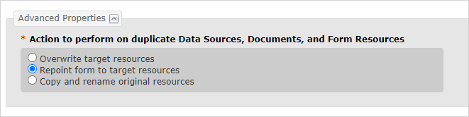 When you want to move a form to a new FormSpace, you can choose under the Advanced Properties tab how you want the server to process the linked resources.