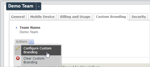 Actions drop-down menu shows how to select "Configure Custom Branding"