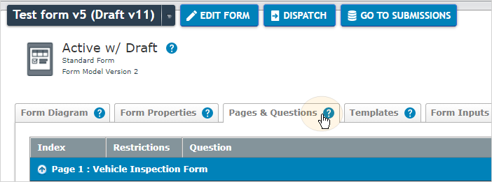 Pages and Questions tab on the form portal page