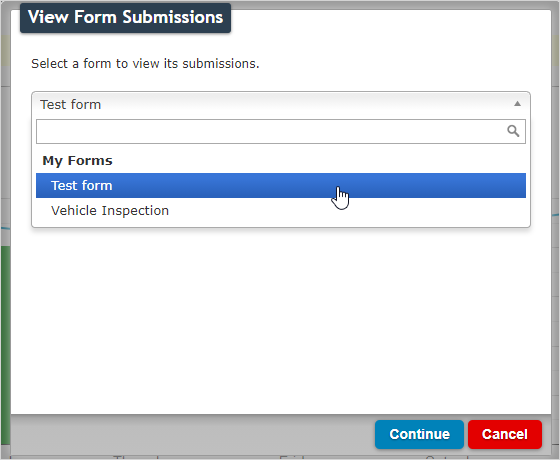 View Form Submissions Selection Window