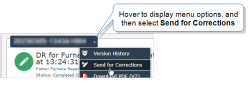 A form submission for a form titled "DR for Furnace Inspection." The menu is expanded to show the Send for Corrections option. 
