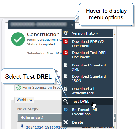 Select the Form Submission Reference Number, and then select Test DREL.