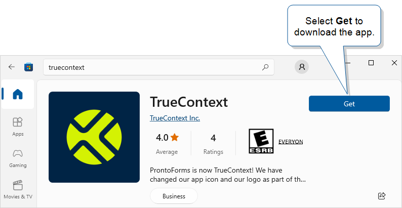 Microsoft store that shows the TrueContext app description and a "Get" button to install the app