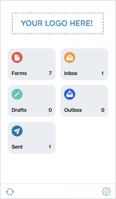 The home page of the iOS mobile app that shows six tabs: Forms, Inbox, Drafts, Outbox, Sent, and Search. The banner at the top of page shows an image that says "Your logo here!" for custom branding.