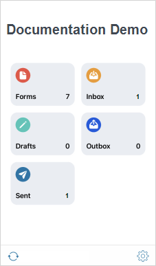 The home page of the iOS mobile app that shows six tabs: Forms, Inbox, Drafts, Outbox, Sent, and Search. The banner at the top of page shows the team name "Documentation Demo" as custom branding.
