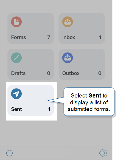 The home page of the iOS mobile app that shows five tabs: Forms, Inbox, Drafts, Outbox, and Sent. The Sent tab is highlighted and has one form.