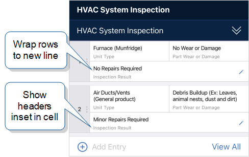HVAC System Inspection summary table compact view that shows the third column wrapped to a new line and the column headings "Unit Type", "Part Wear or Damage" and "Inspection Result" inset in the cells. It's obvious from the user's answers ("Furnace, No Wear or Damage", "No Repairs Required") that the headers don't provide much additional context.