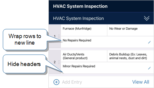HVAC System Inspection summary table compact view that shows the third column wrapped to a new line and the column headings "Unit Type", "Part Wear or Damage" and "Inspection Result" inset in the cells. It's obvious from the user's answers ("Furnace, No Wear or Damage", "No Repairs Required") that the headers aren't needed to provide context.