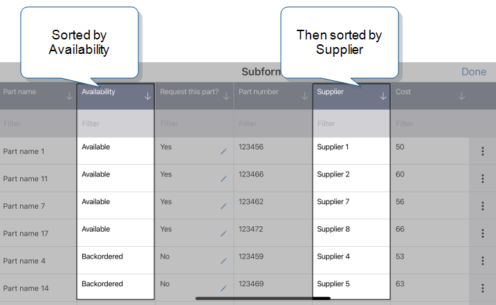 Subform Summary Table that shows all available entries first, sorted next by supplier