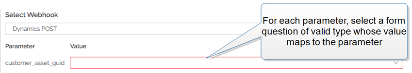 The Parameters panel showing parameter questions mapped to Webhook parameters.