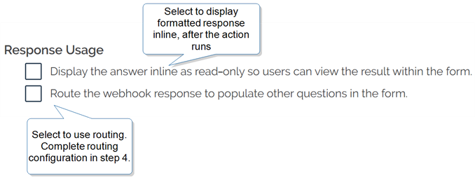 The Form Behavior panel showing the option to display the Webhook answer inline.