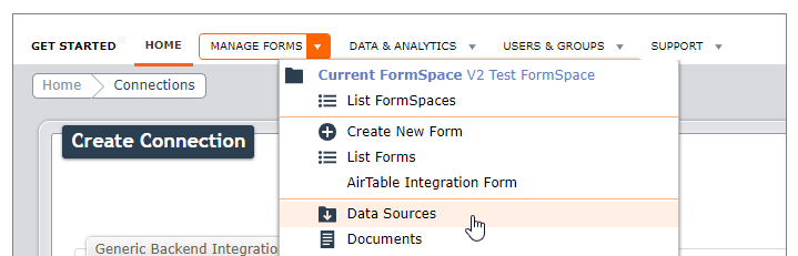 Manage Forms menu with "Data Sources" highlighted
