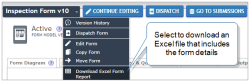 Form page that shows the hover menu next to the form name open, with the "Download Excel Form Report" option visible.